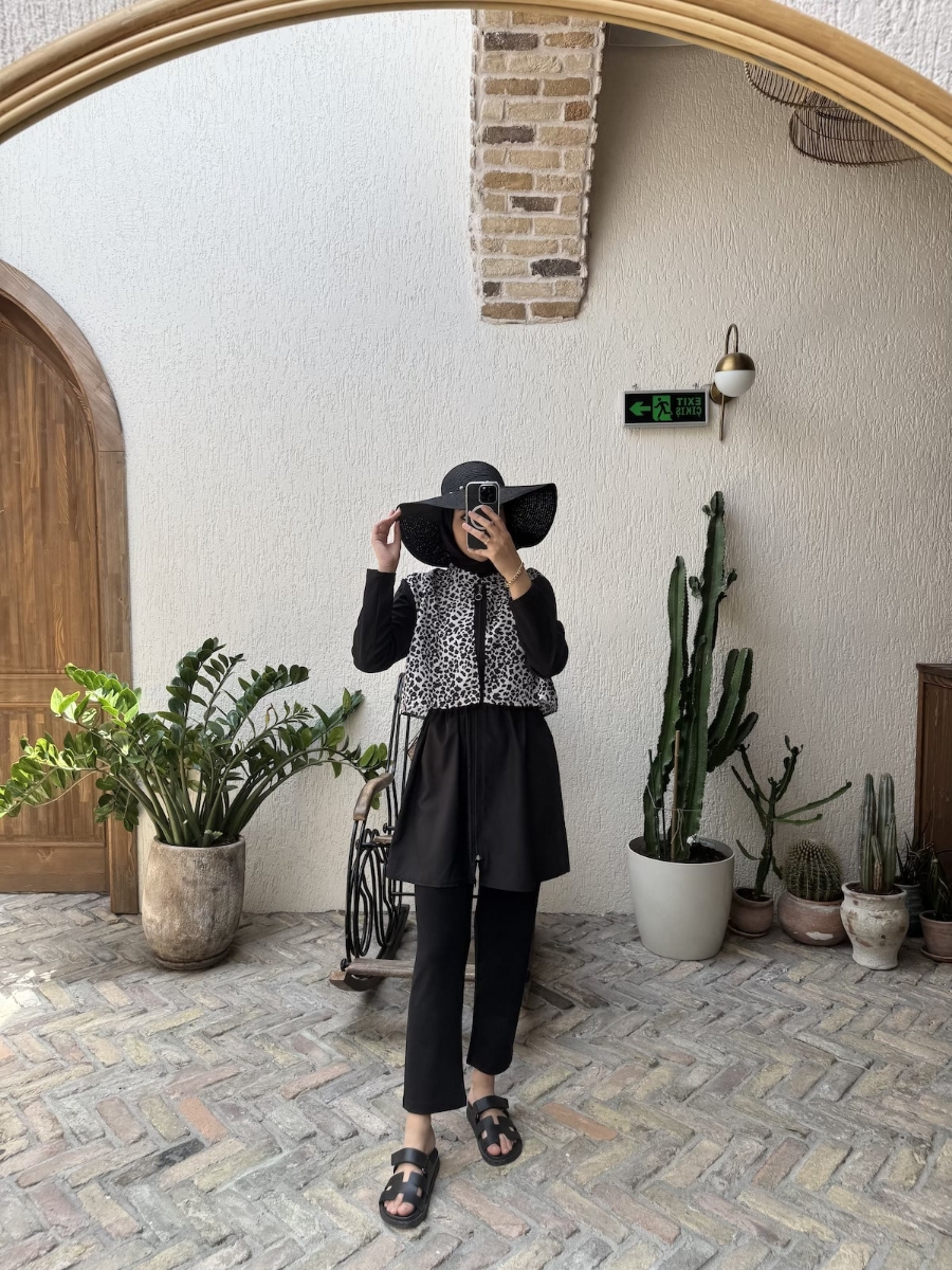Leopar Desen Tesettür Mayo - Siyah