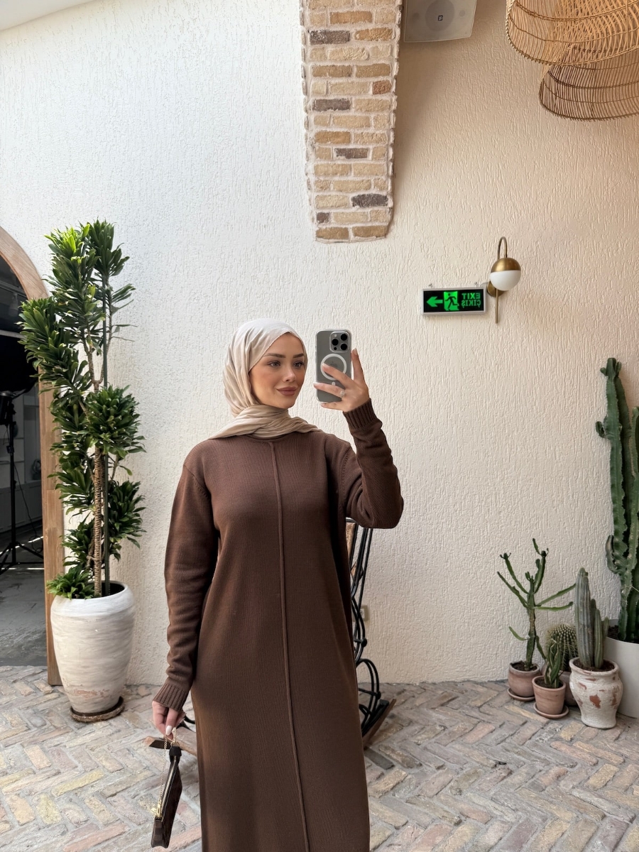 Carla Triko Tesettür Elbise - Kahve 