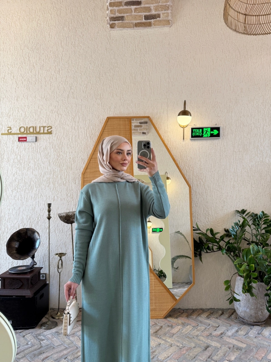 Carla Triko Tesettür Elbise - Mint
