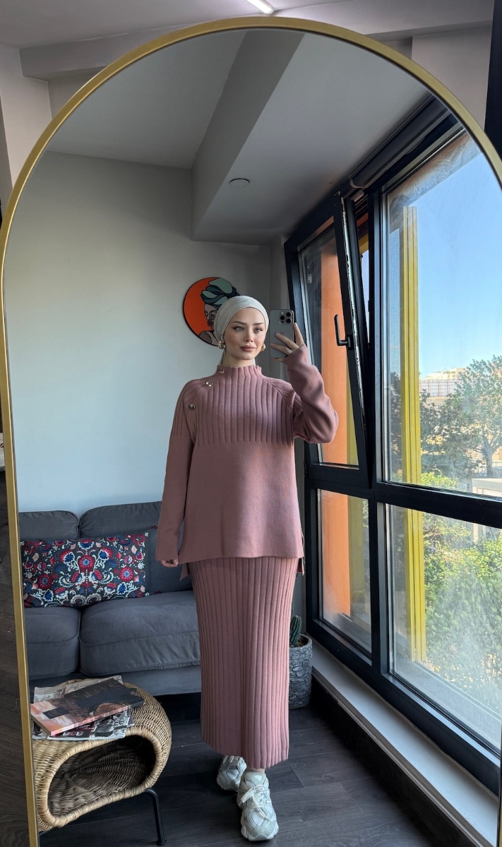 Punto Etekli Tesettür İkili Triko Takım - Gül