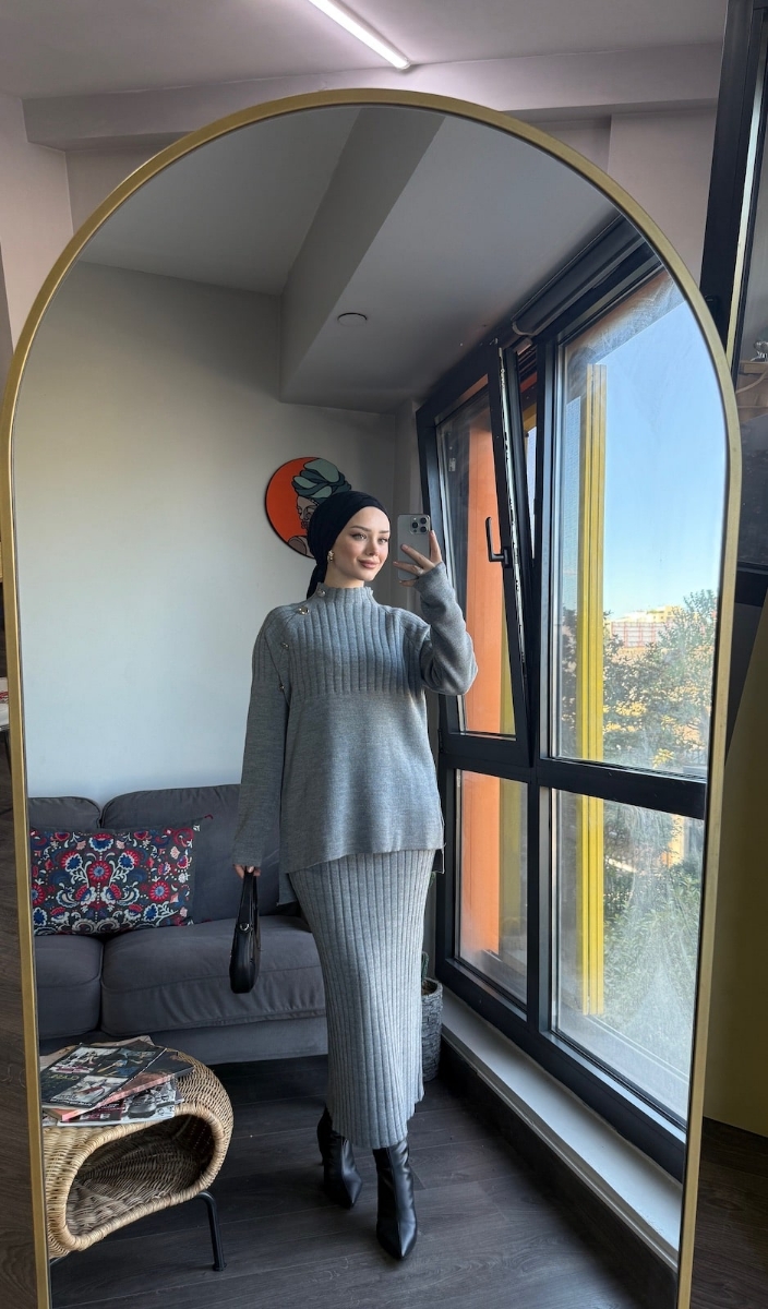 Punto Etekli Tesettür İkili Triko Takım - Gri