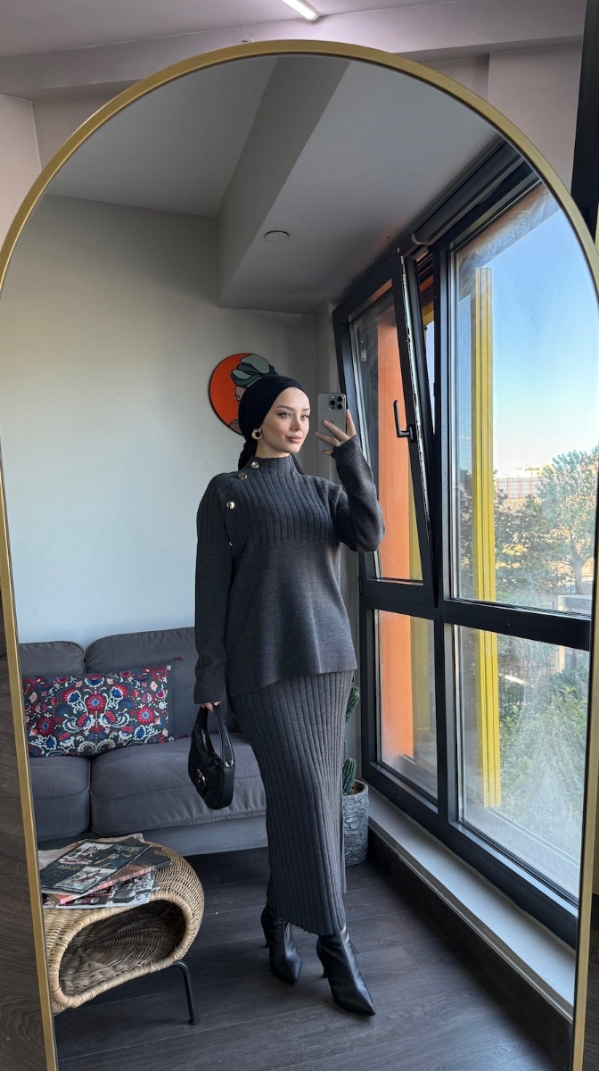 Punto Etekli Tesettür İkili Triko Takım - Antrasit