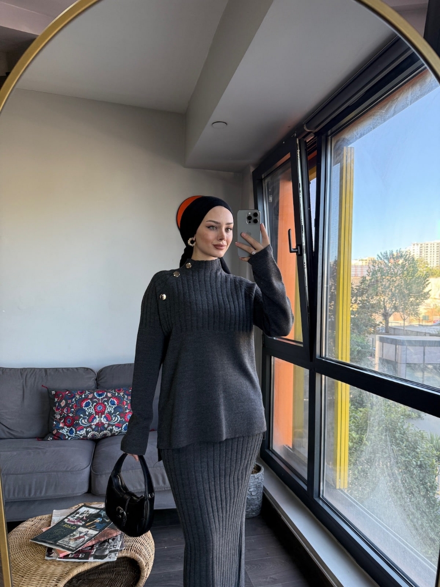 Punto Etekli Tesettür İkili Triko Takım - Antrasit