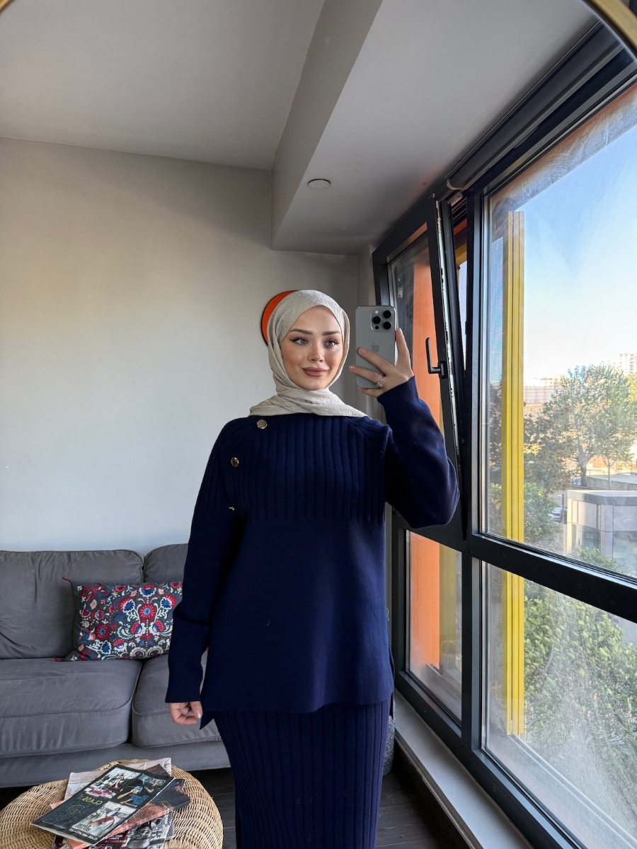 Punto Etekli Tesettür İkili Triko Takım - Lacivert