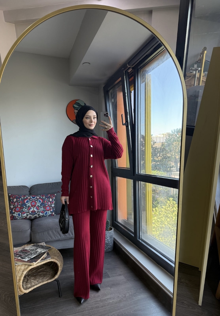 Full Düğmeli İkili Tesettür Şık Triko Takım - Bordo