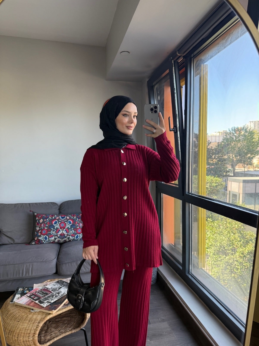 Full Düğmeli İkili Tesettür Şık Triko Takım - Bordo