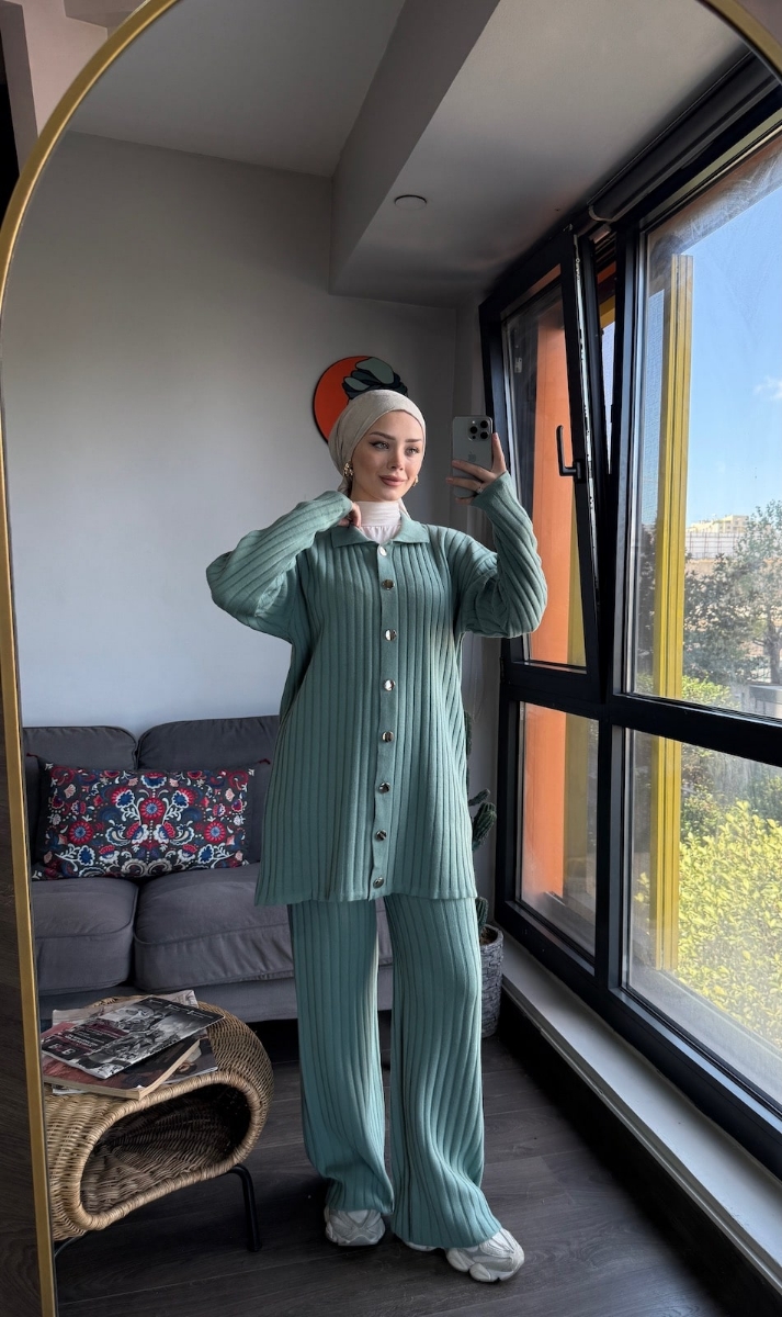 Full Düğmeli İkili Tesettür Şık Triko Takım - Mint