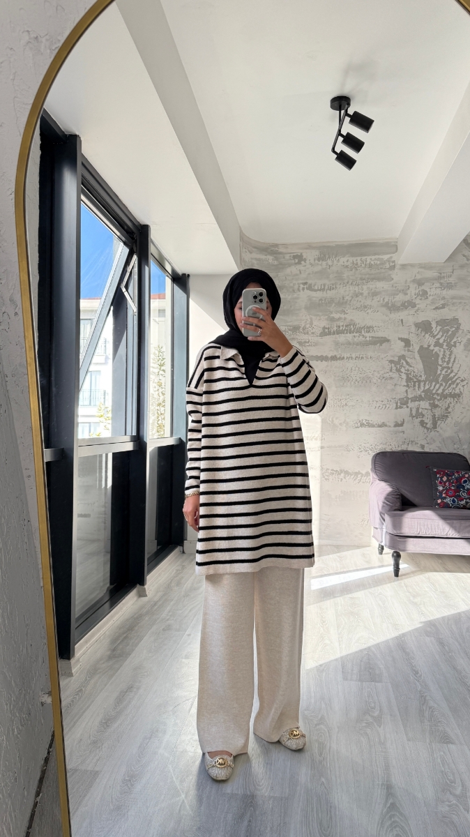 Thin Çizgili Tesettür Triko İkili Takım - Taş