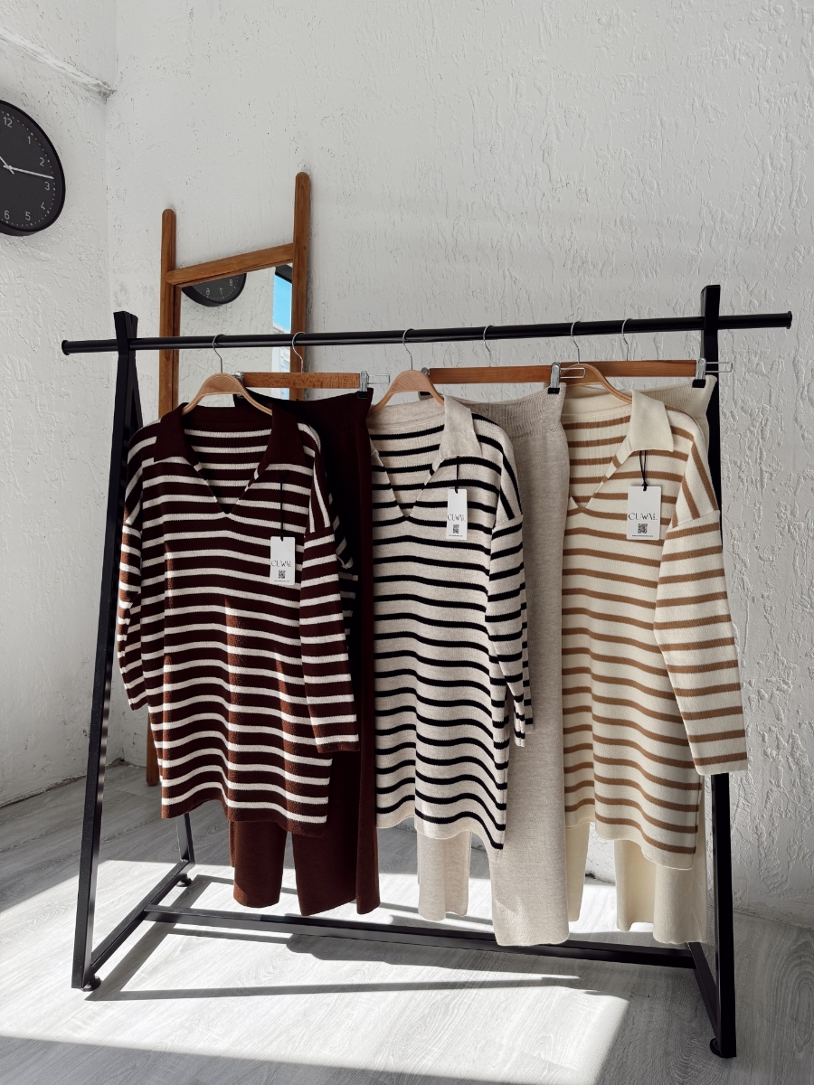 Thin Çizgili Tesettür Triko İkili Takım - Ekru