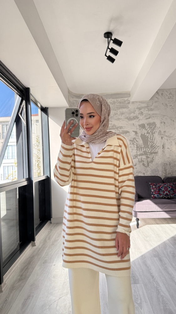 Thin Çizgili Tesettür Triko İkili Takım - Ekru