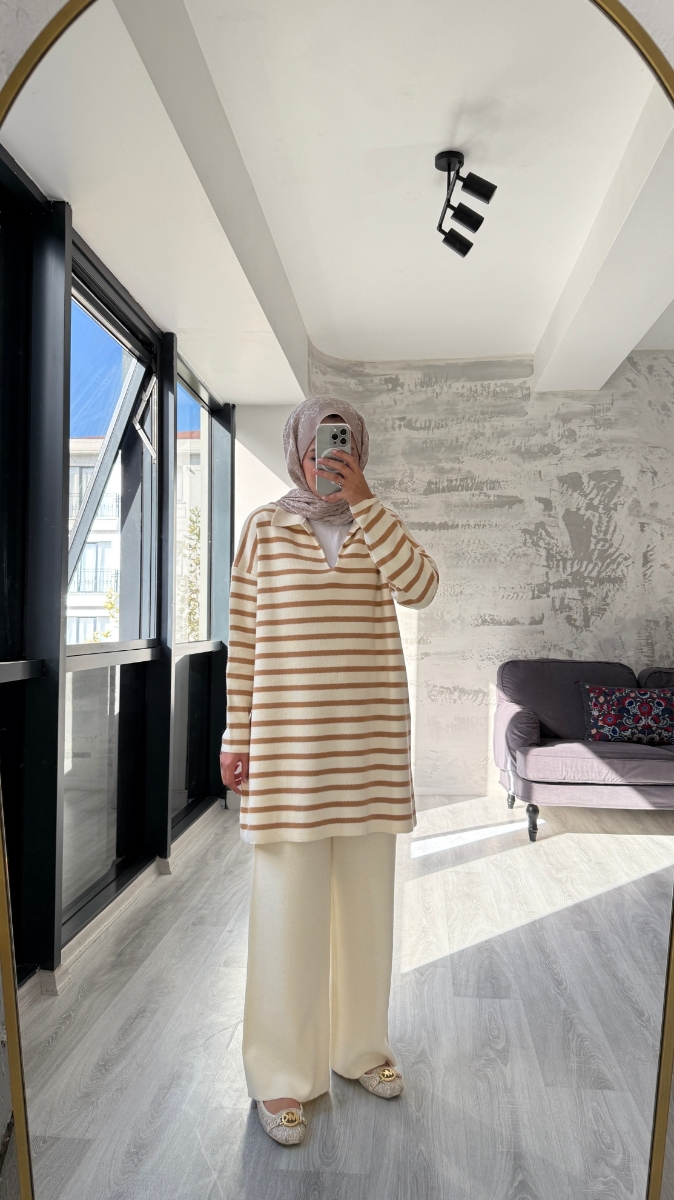 Thin Çizgili Tesettür Triko İkili Takım - Ekru