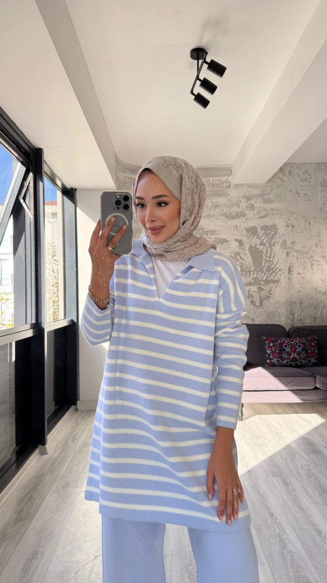 Thin Çizgili Tesettür Triko İkili Takım - Bebe Mavisi