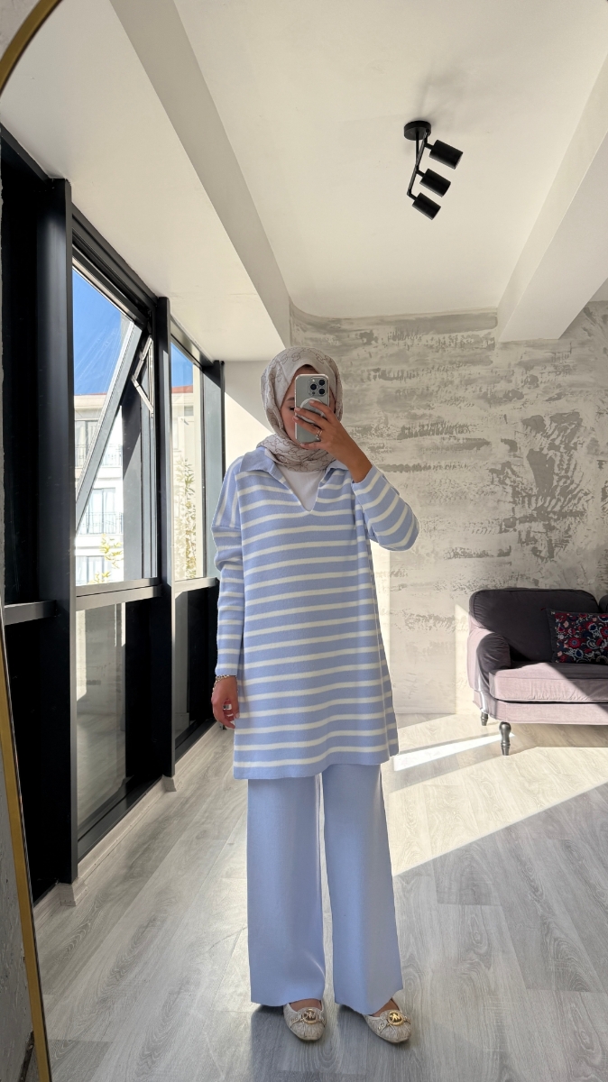 Thin Çizgili Tesettür Triko İkili Takım - Bebe Mavisi