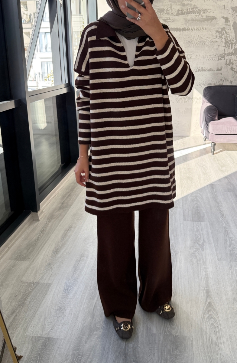 Thin Çizgili Tesettür Triko İkili Takım - Kahve
