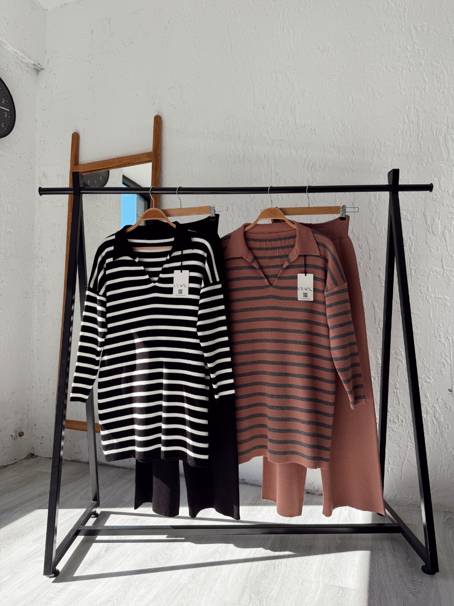 Thin Çizgili Tesettür Triko İkili Takım - Gül