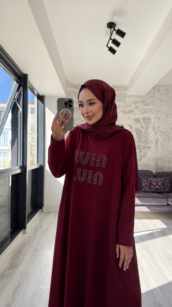 Taş Detaylı Penye Tesettür Elbise - Bordo