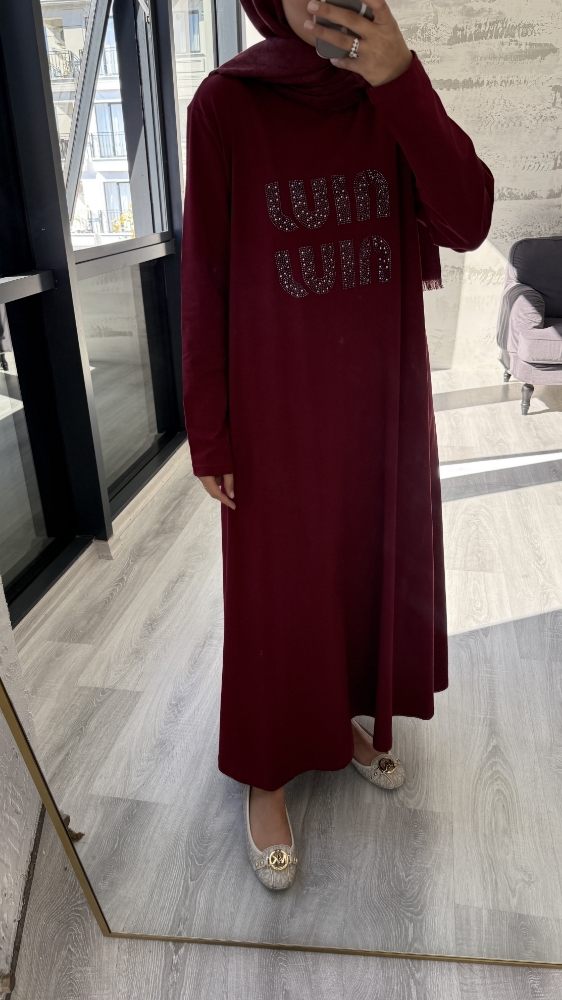 Taş Detaylı Penye Tesettür Elbise - Bordo