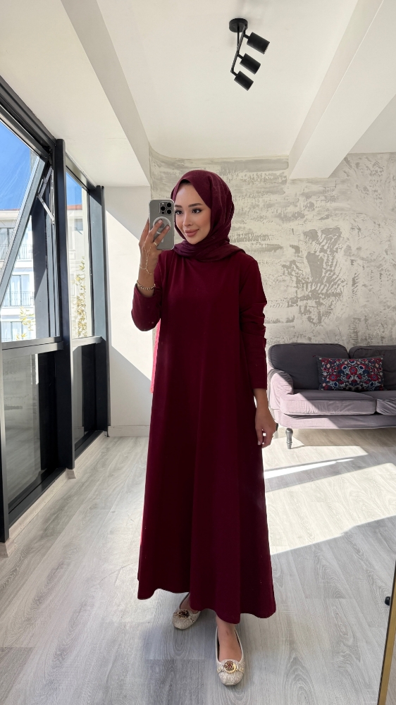 Düz Penye Tesettür Elbise - Bordo