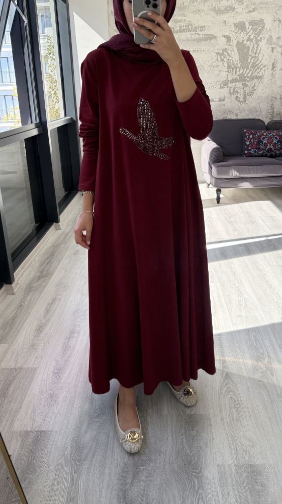 Taşlı Kuş Desenli Penye Tesettür Elbise - Bordo