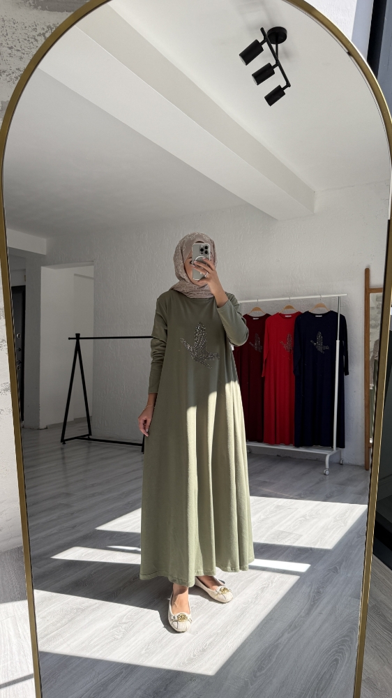 Taşlı Kuş Desenli Penye Tesettür Elbise - Çağla