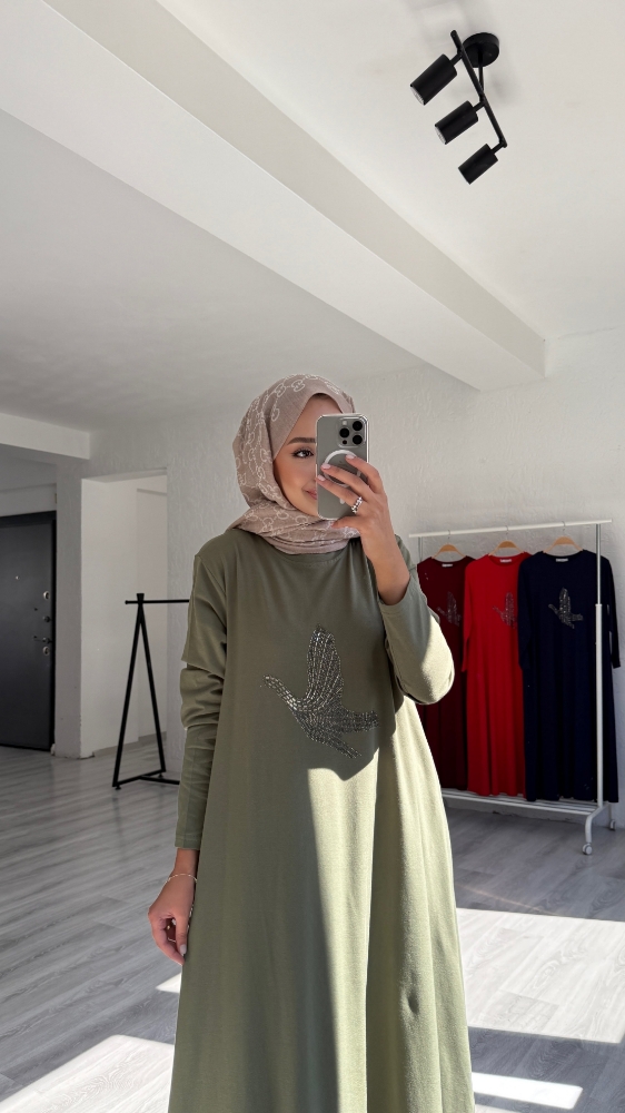 Taşlı Kuş Desenli Penye Tesettür Elbise - Çağla