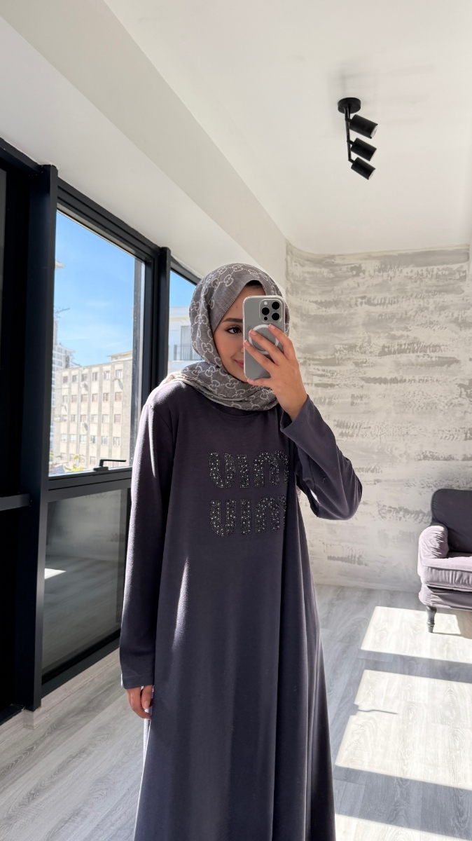 Taş Desenli Penye Tesettür Elbise - Antrasit