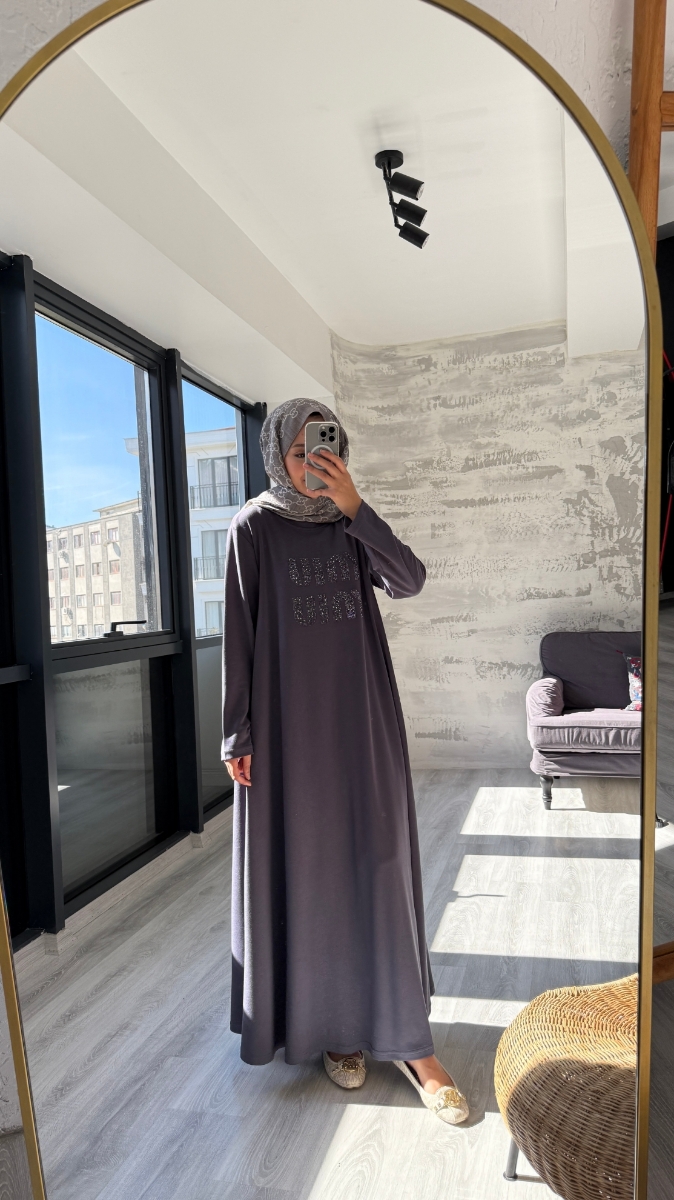 Taş Desenli Penye Tesettür Elbise - Antrasit