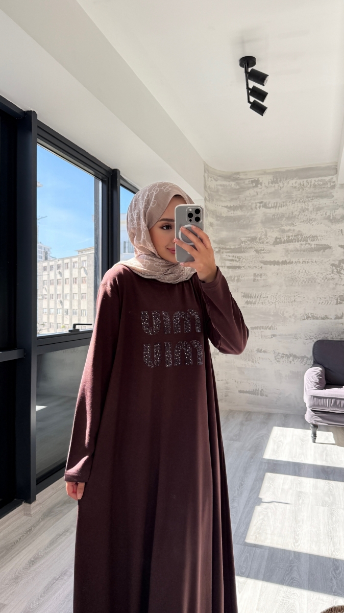 Taş Desenli Penye Tesettür Elbise - Kahve