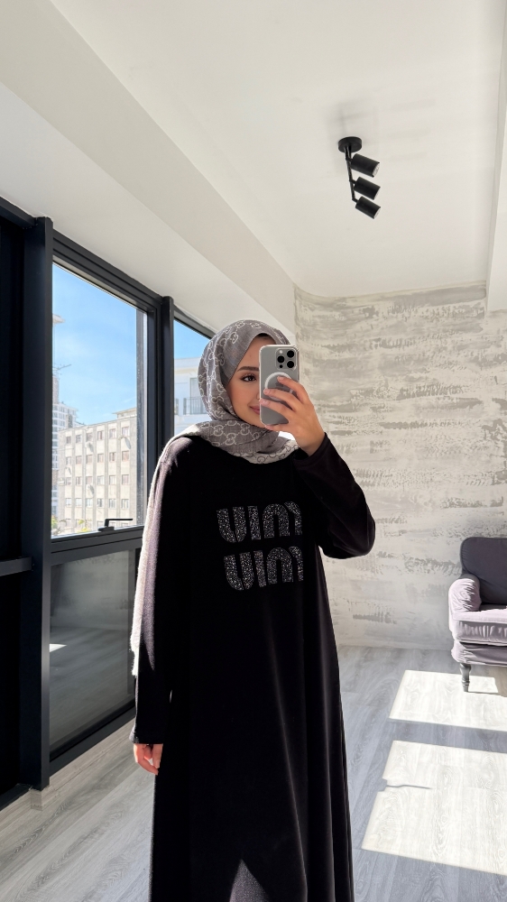 Taş Desenli Penye Tesettür Elbise - Siyah