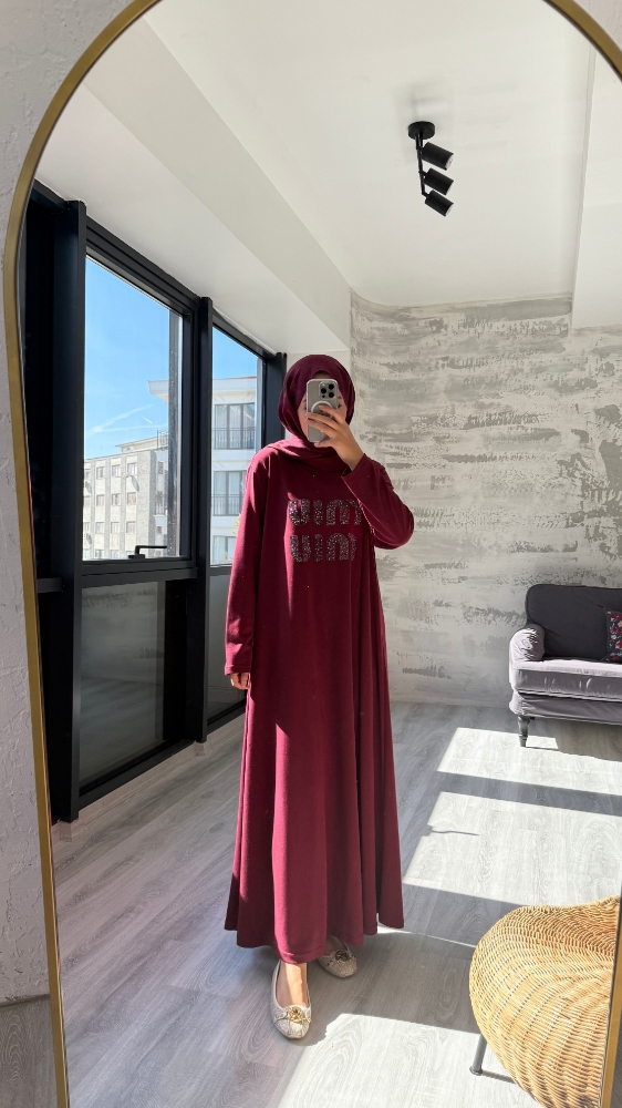 Taş Desenli Penye Tesettür Elbise - Bordo