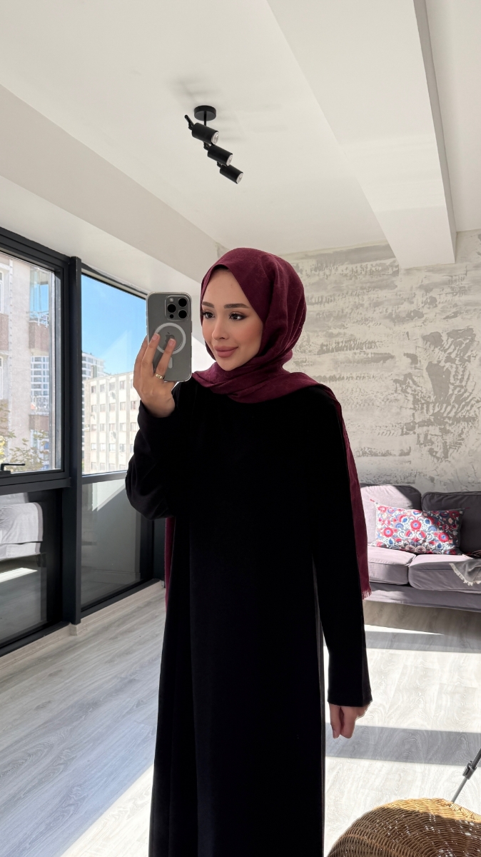 Düz Penye Tesettür Elbise - Siyah