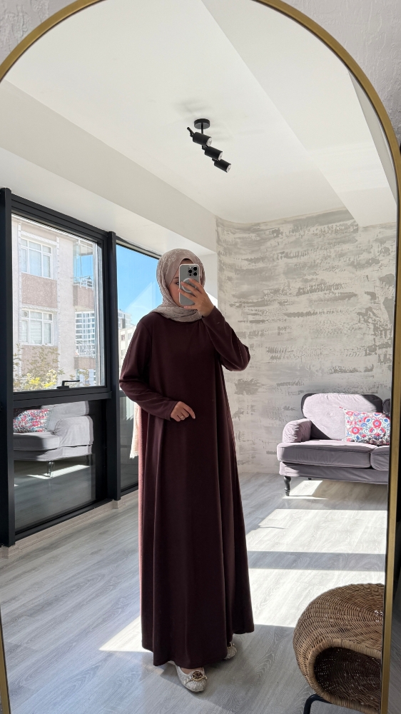 Düz Penye Tesettür Elbise - Kahve