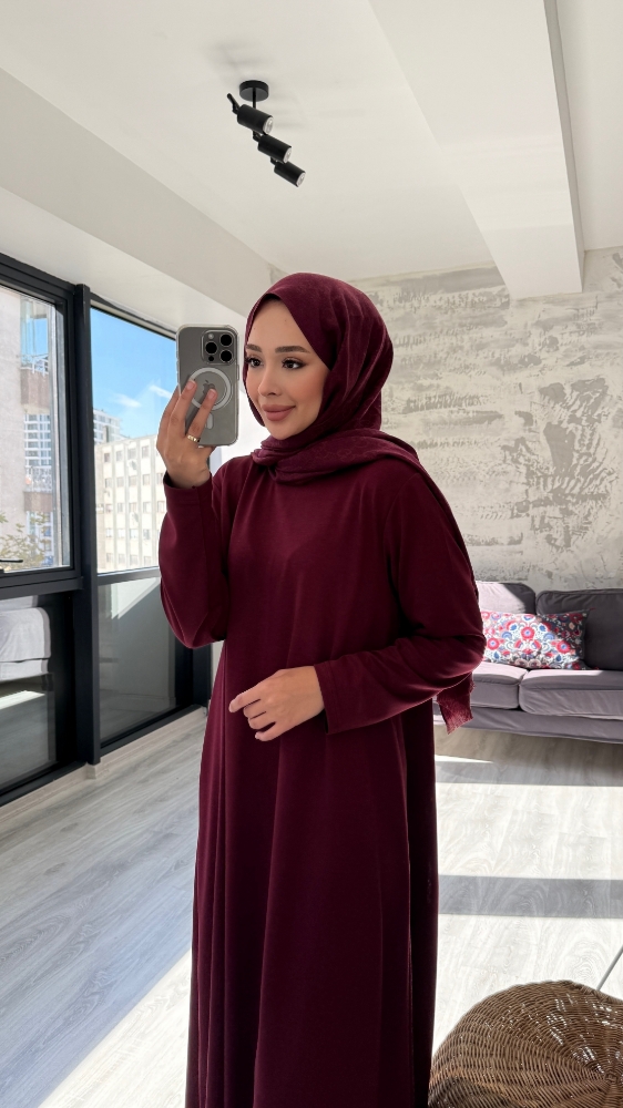 Düz Penye Tesettür Elbise - Bordo