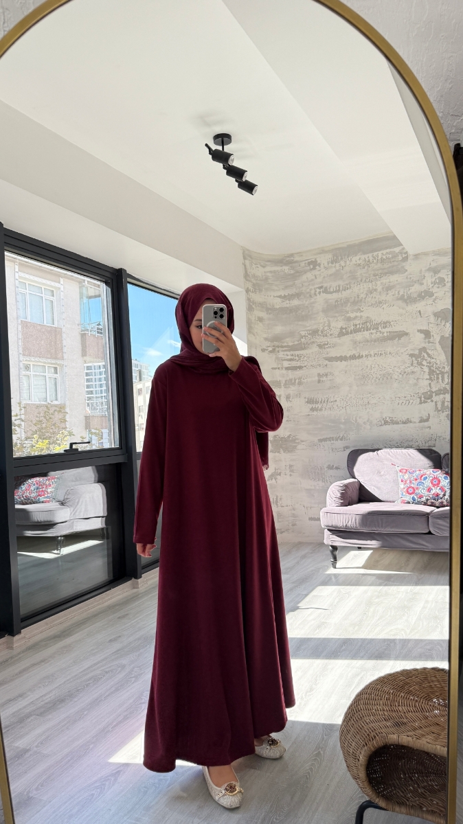 Düz Penye Tesettür Elbise - Bordo
