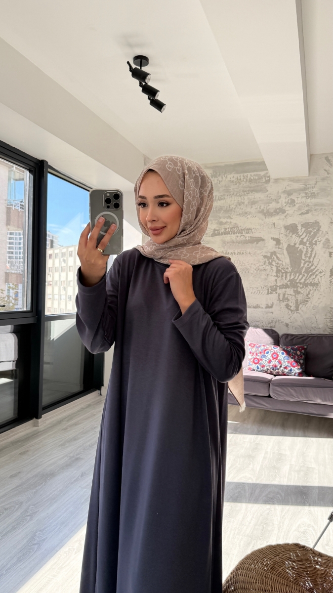 Düz Penye Tesettür Elbise - Antrasit