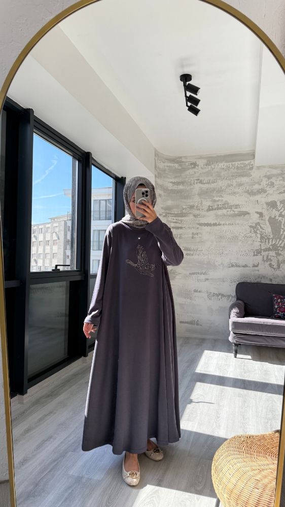 Taşlı Kuş Desenli Penye Tesettür Elbise - Antrasit
