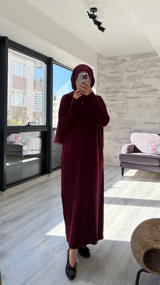 Fermuarlı Basic Triko Tesettür Elbise - Bordo