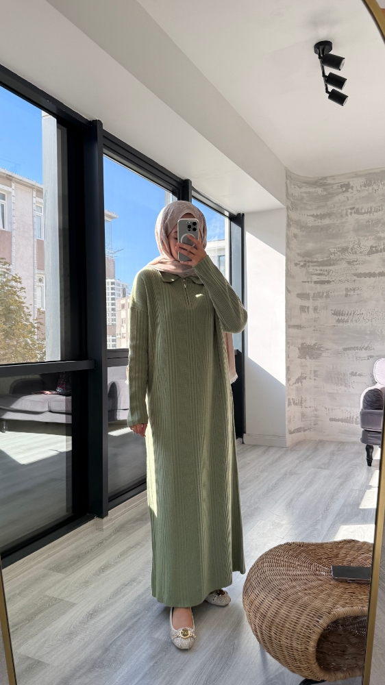 Fermuarlı Basic Triko Tesettür Elbise - Çağla