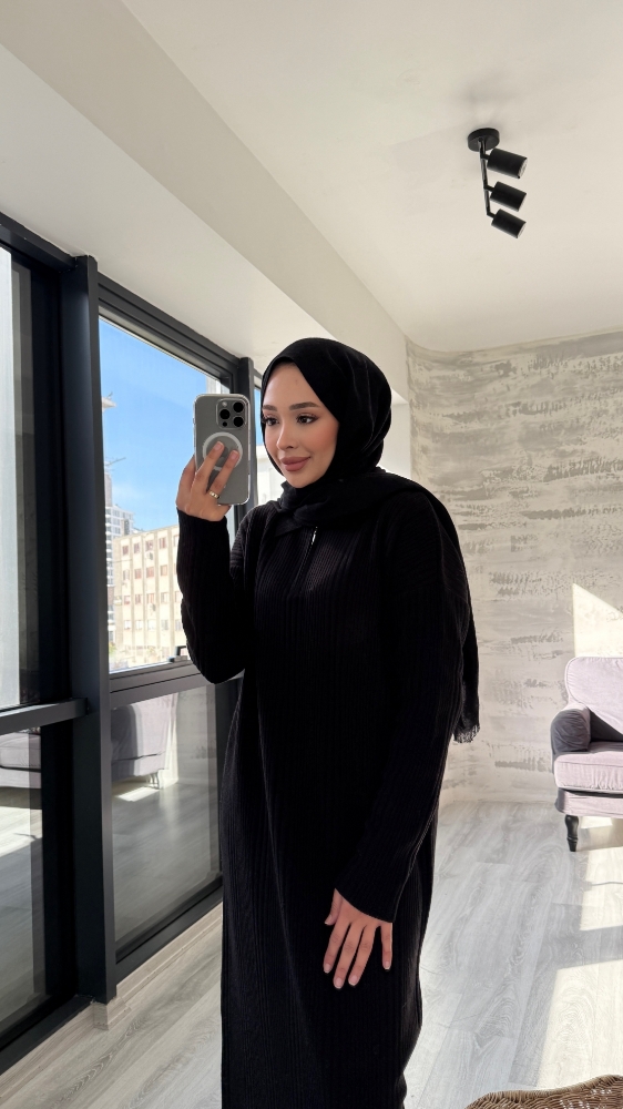 Fermuarlı Basic Triko Tesettür Elbise - Siyah
