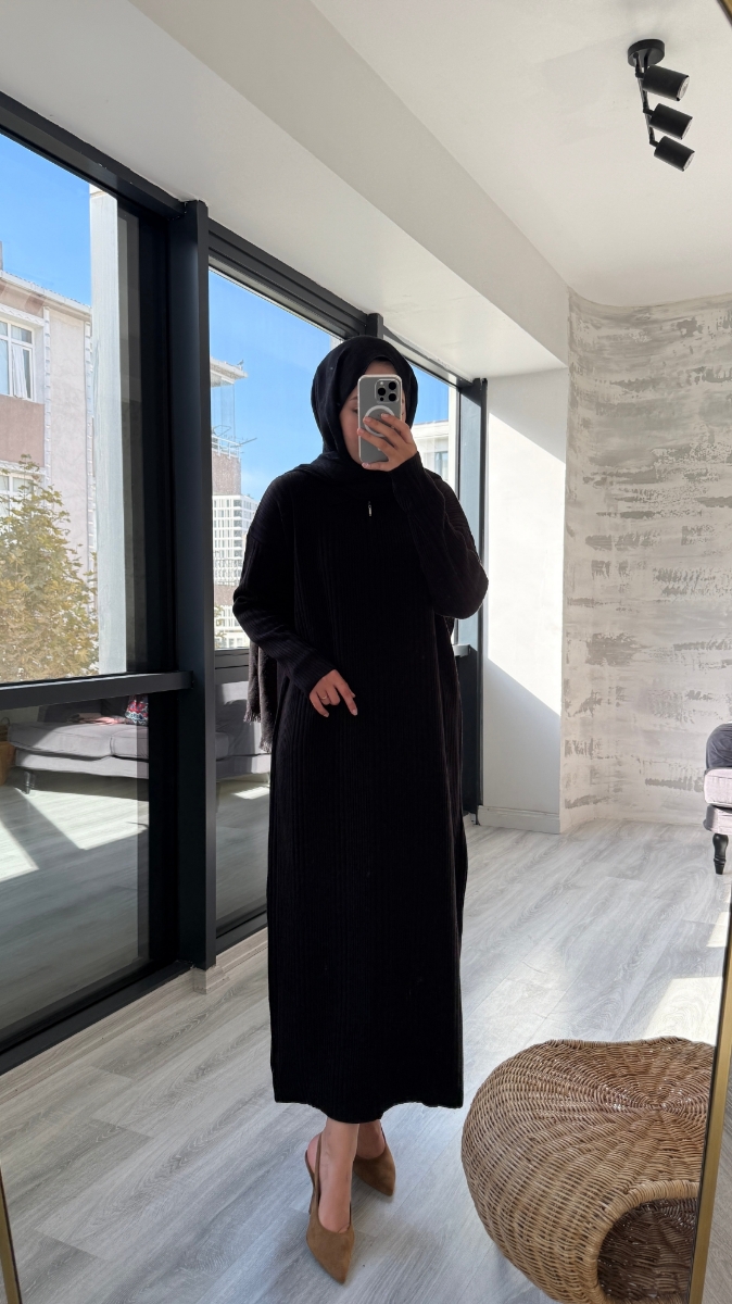 Fermuarlı Basic Triko Tesettür Elbise - Siyah
