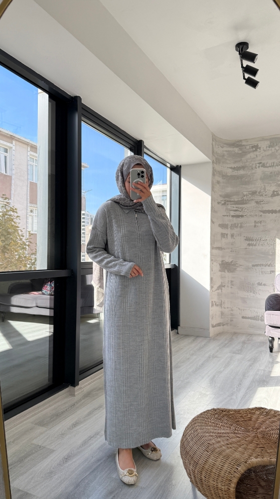 Fermuarlı Basic Triko Tesettür Elbise - Gri
